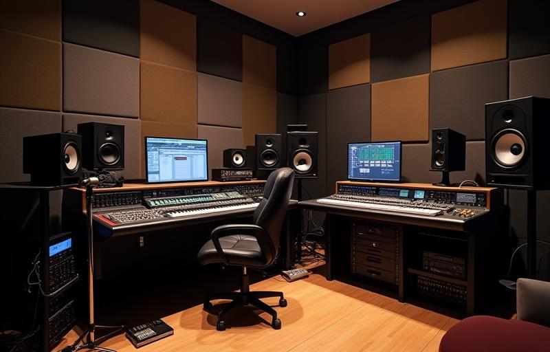 Image of a professional audio studio setup with mixing desk and monitors